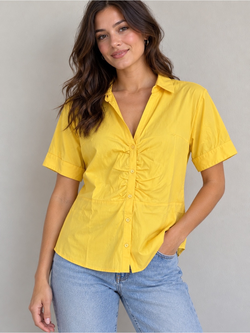 New York & Company Yellow Ruched Button-Down Shirt